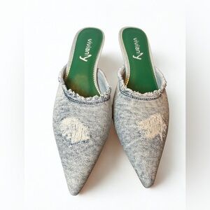 Vivianly Pointed-Toe Denim Kitten Heel Mules - Size 7